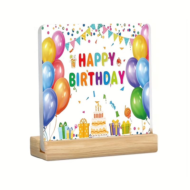 2D Flat, 1pc Acrylic Happy Birthday Plaque with Wooden Base - Balloon Cake Design, Colorful Confetti & Party Hats Decor for Birthday Parties, Home Decoration, Tabletop Display, Birthday Decorations, Festive Display, Festive Theme, Sturdy Stand, Decorative Sign, Gift Shoppers, Durable Material, Event Planners