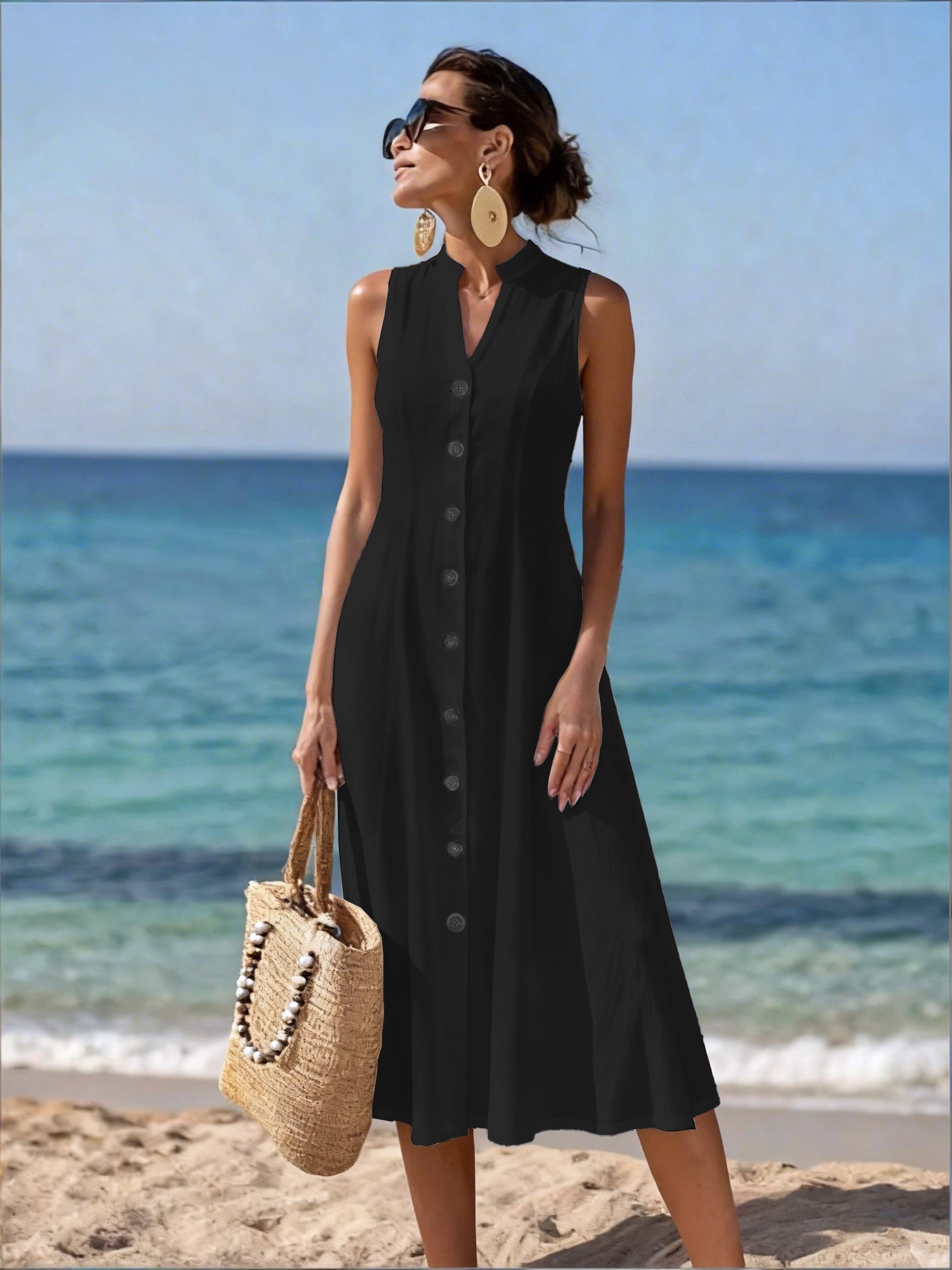 womens solid color elegant sleeveless v neck single breasted - Temu