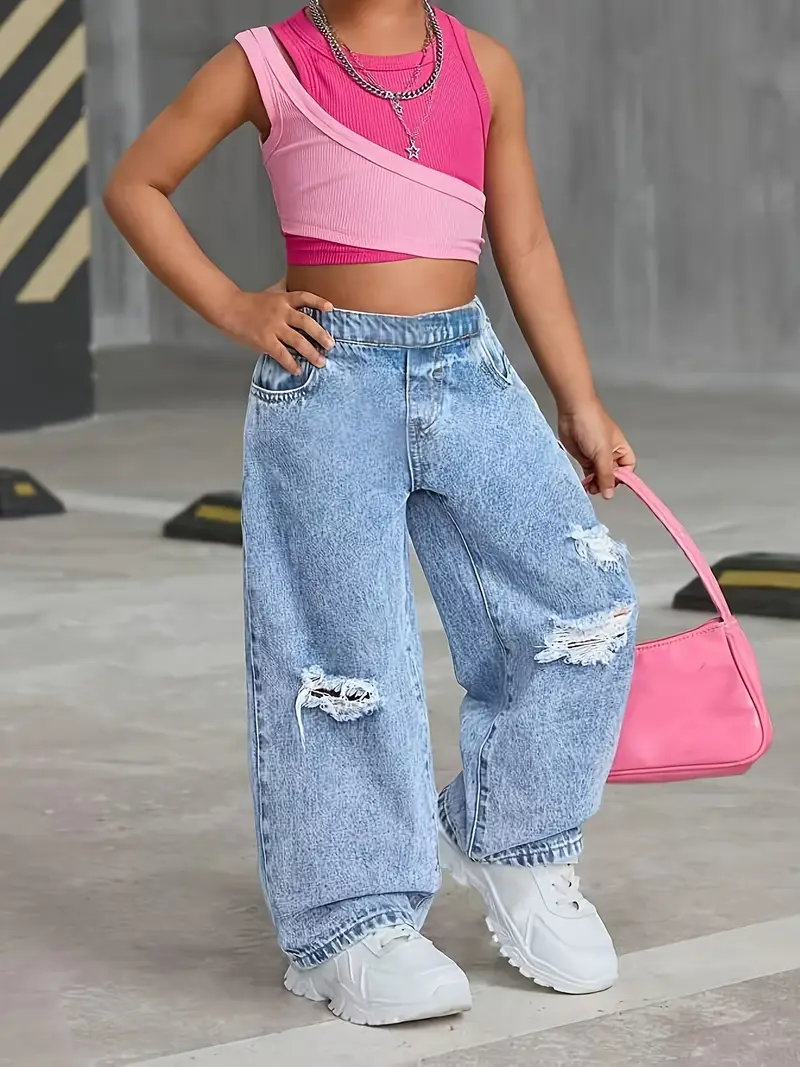 Denim Stylish Pant For Girl Girls' Trendy Wide-Leg Jeans