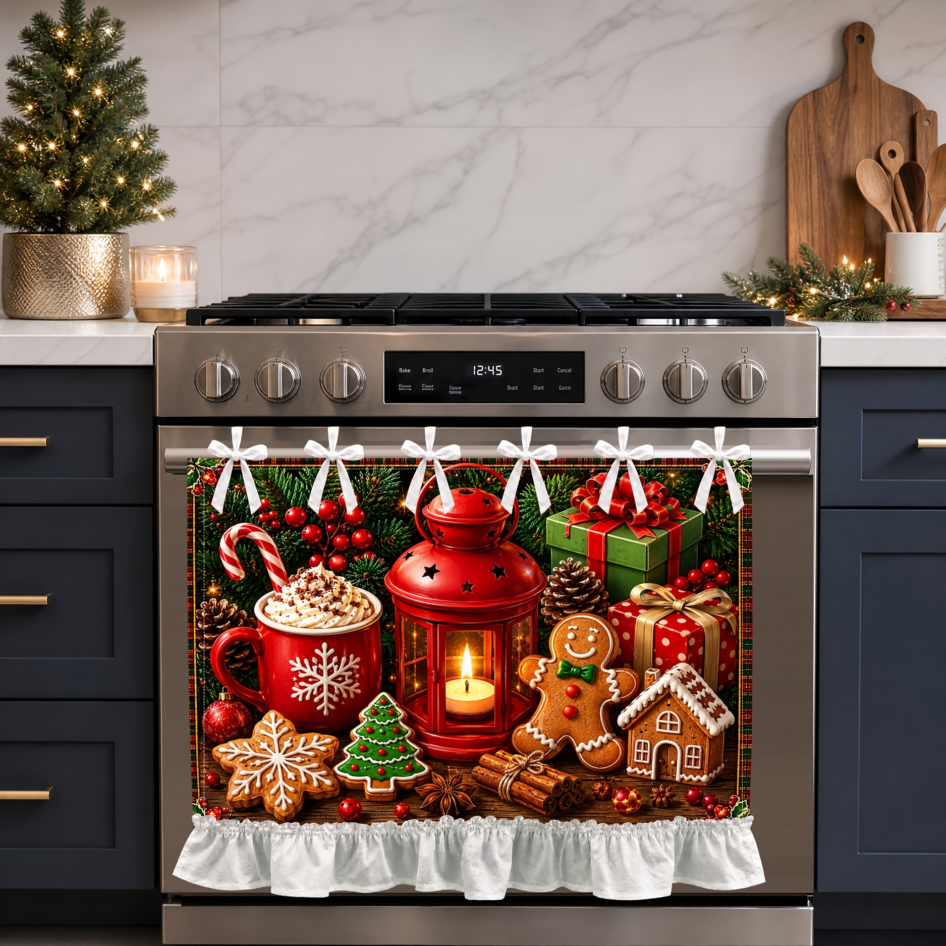 TEMU 1 tablier de cuisine Homme d'épices Chocolat chaud Guirlande de Noël Jupe de cuisinière de four avec volant blanc, Décoration festive de