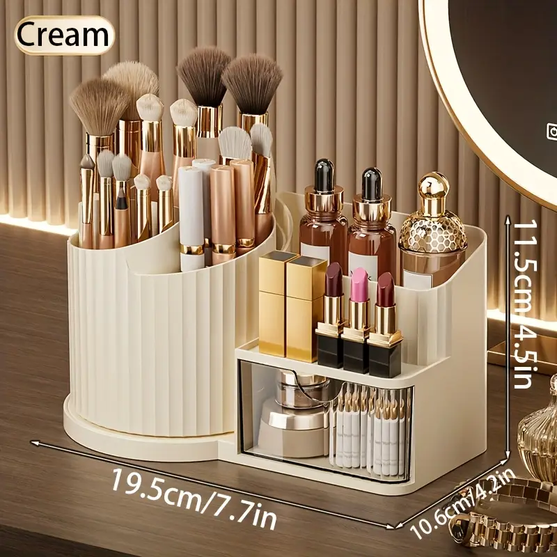 360 rotating makeup organizer with brush holder drawer makeup vanity organizer with brush storage lipstick office stationery space saving countertop organizer no power needed elegant bathroom desk durable plastic construction bathroom storage polished home organizers Product details 2
