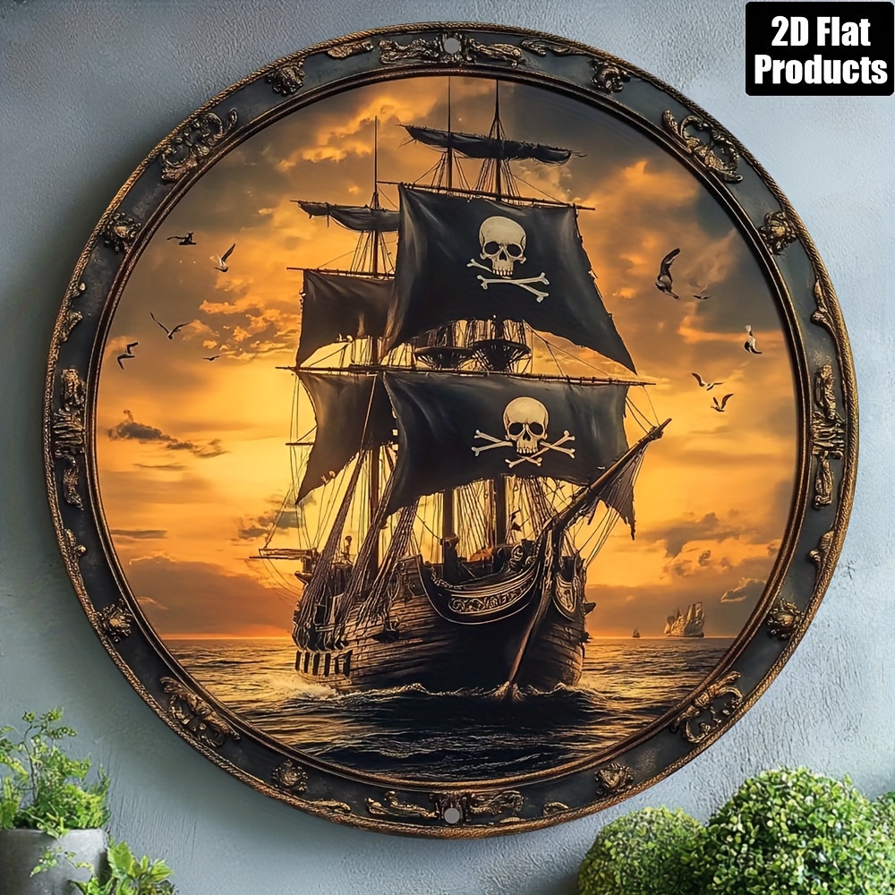 TEMU 2d Flat, 1pc, Vintage Pirate Ship Wall Art Themed Round Aluminum Metal Decorative Plaque, Suitable For Home Bar, Kitchen, Cafe, , Office,