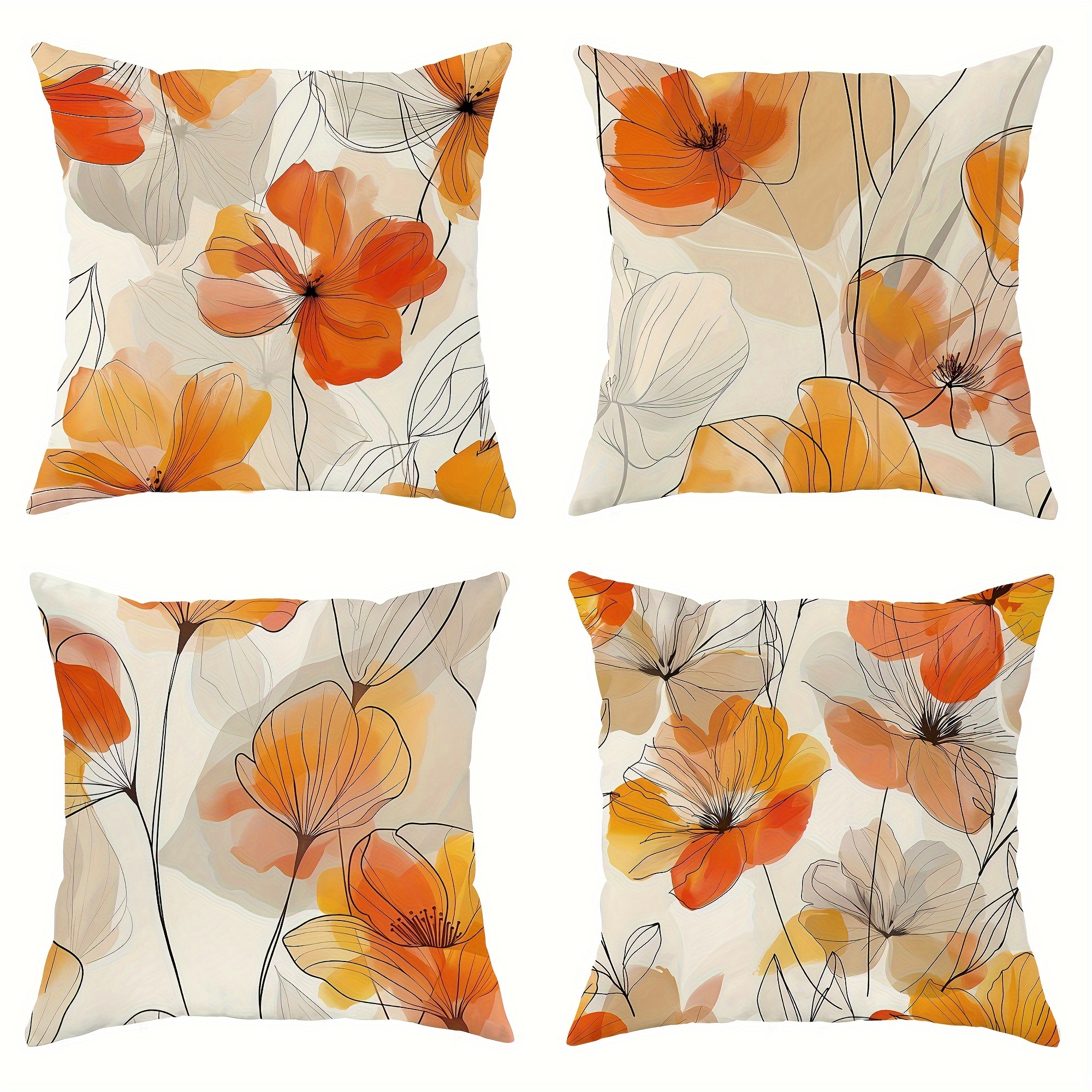 

4pcs Set Modern Floral Throw Pillow Covers, Beige & Orange, Polyester, 18"x18", Zip Closure - Perfect For Living Room, Bedroom, Office Decor (no Insert)