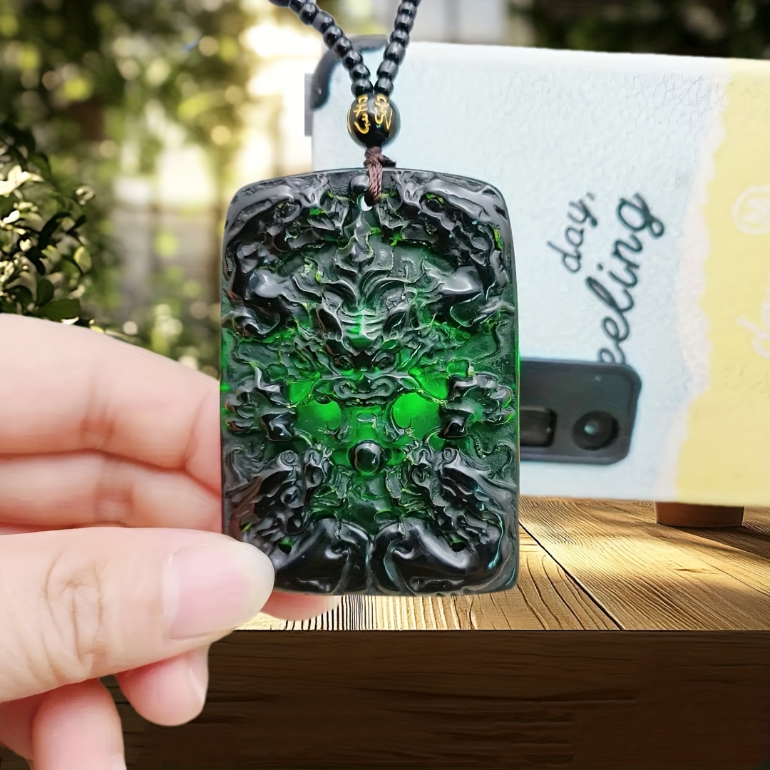 Natural Dark Green Five Dragons Blessing Pendant Necklace