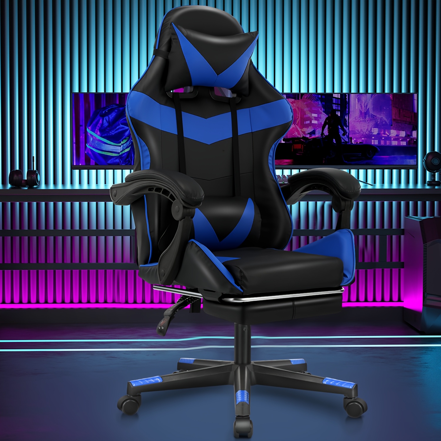 E-shop Ergonomischer Gaming-Stuhl – Schwarz & Blau, höhenverstellbar, verstellbare Rückenlehne, drehbarer -Stuhl mit Lendenwirbelstütze für Zuhause &