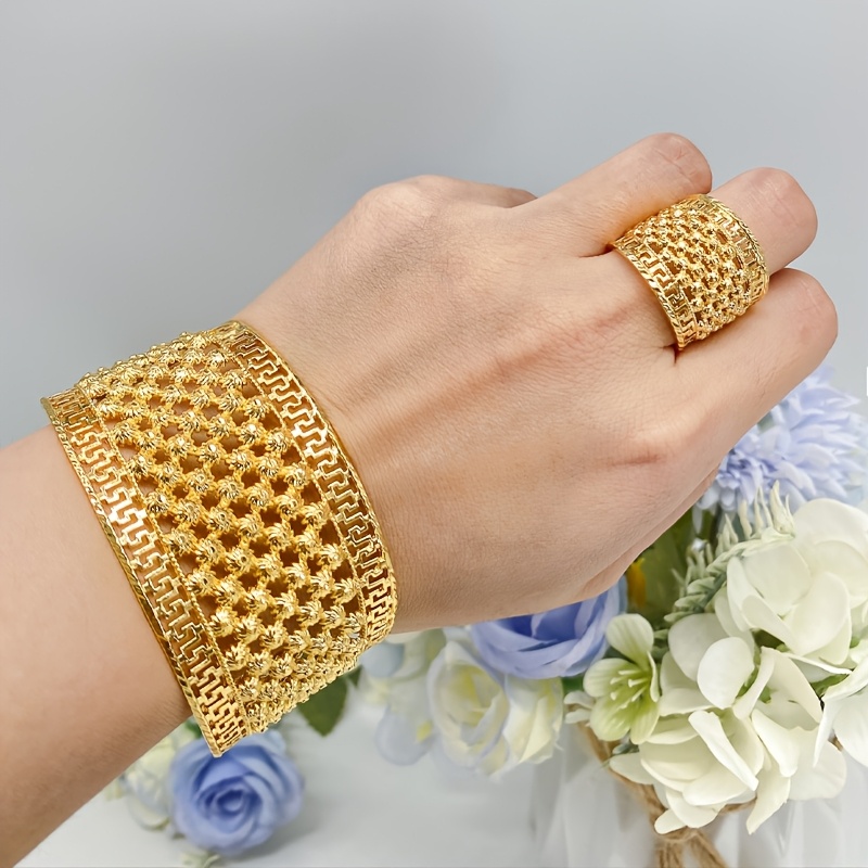 TEMU Middle Eastern Direction 2pcs Hollow Luxury Adjustable , Bracelet And Ring Women's Fashion Exquisite Set, Arabic New Jewelry Suitable For Daily