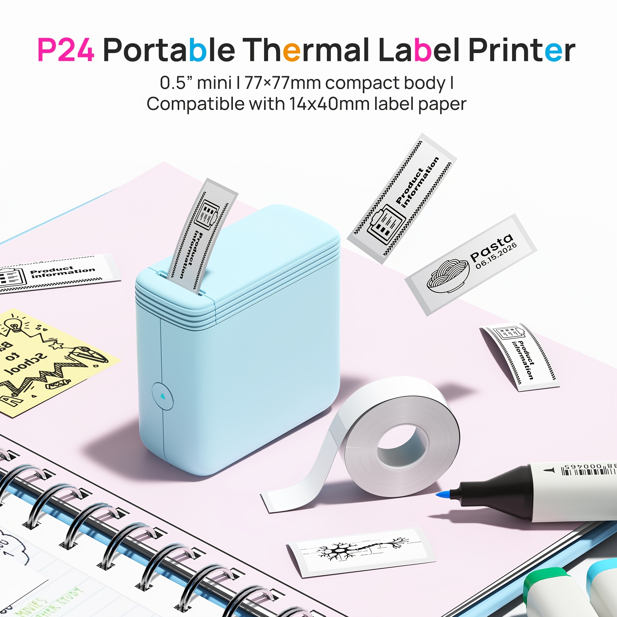 TEMU P24 Imprimante d'étiquettes thermique portable, étiqueteuse encre fil avec application gratuite, mini imprimante d'étiquettes 203 DPI pour