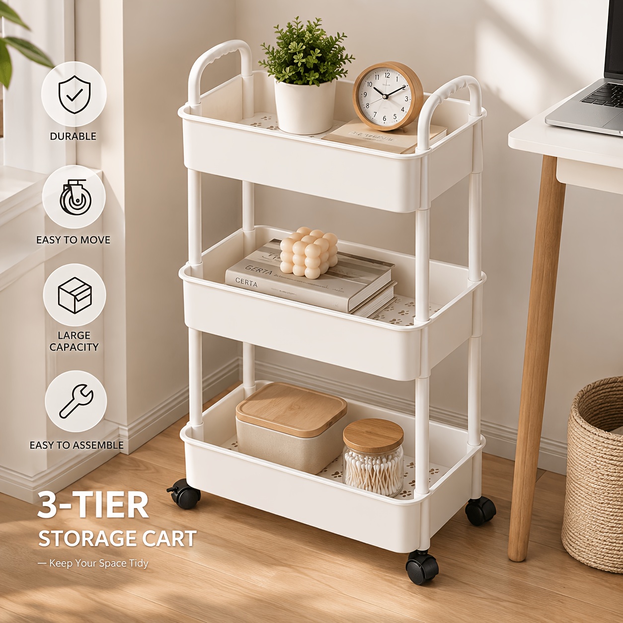 Storage Cart, Kitchen Shelf, Multi-functional Storage Cart With Wheels, 3-layer Movable Storage Cart, Suitable For Bedrooms, Kitchens, Bathrooms, Offices
