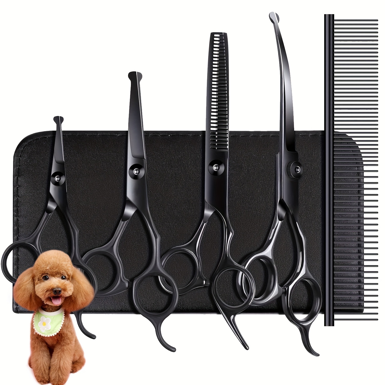 

Black Round Head Four-piece Pet Hairdressing Scissors Set With Comb, Curved Shears, Tooth And Face Shears