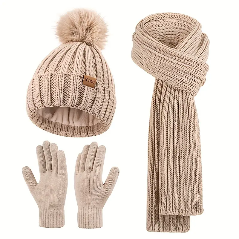 winter beanie hat scarf gloves set women fleece lined pompom Australia