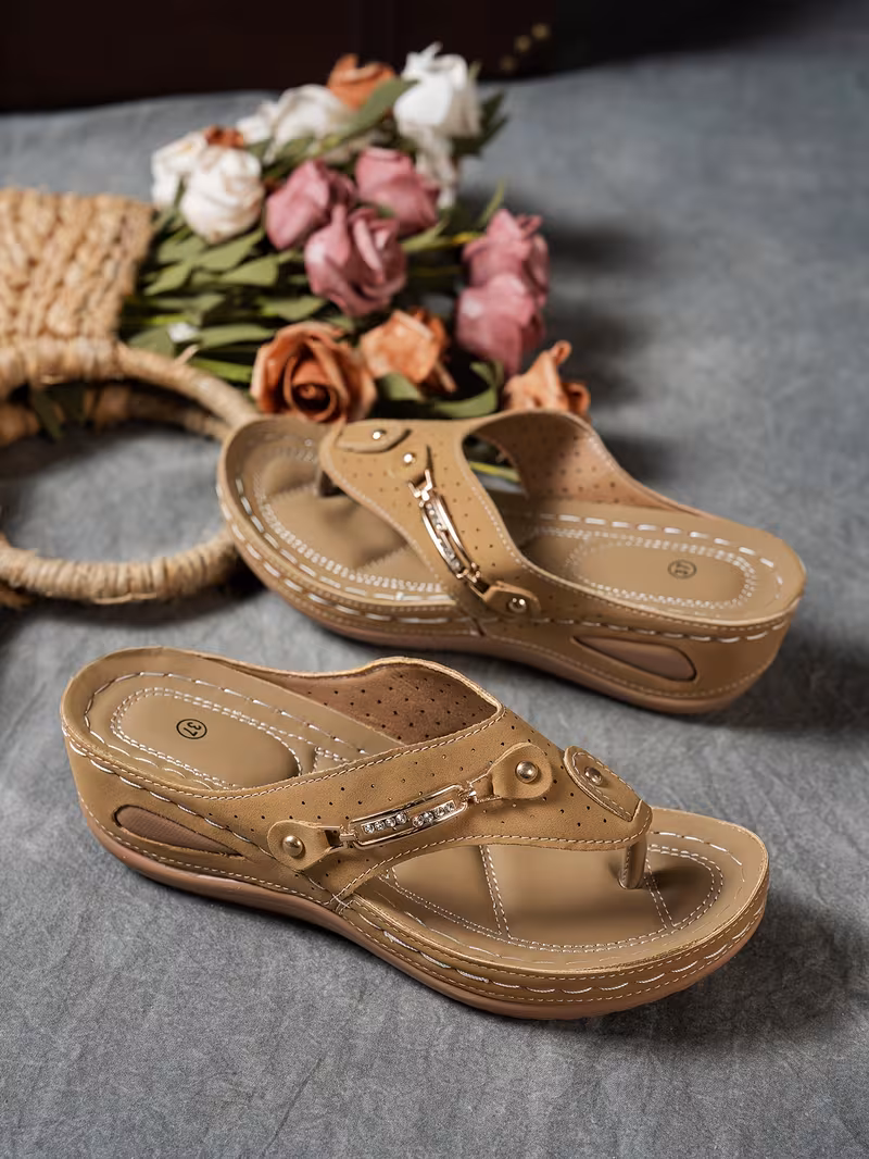 womens open toe wedge sandals with hollow out breathable material metal decor thick sole comfortable outdoor slippers casual vacation versatile daily walking and commuting footwear solid lightweight slides Product details 7