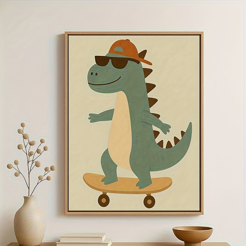 TEMU Art Mural Dinosaure Skateur Cool Cadre, Plat 2D, 1 pièce – Affiche sur Toile Décoration de Chambre Dinosaure pour Chambres d'Enfants, Décoration