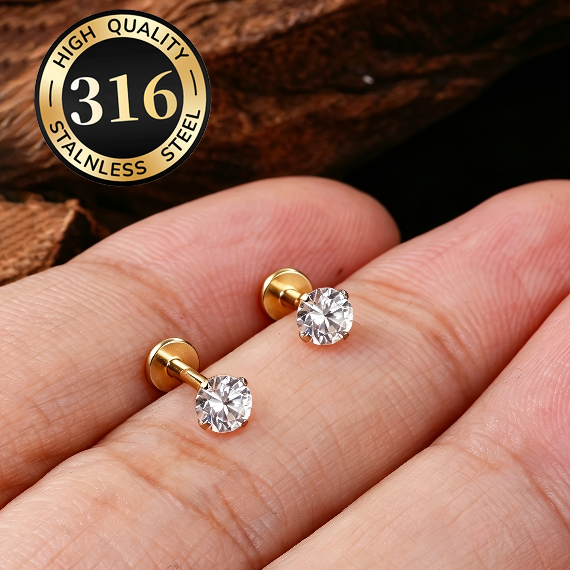 TEMU 2pcs Minimalist Internal Thread Cz Round Cartilage Stud Earrings - Steel Flat Back, Non-irritating, Lightweight And , Hypoallergenic Nose/lip