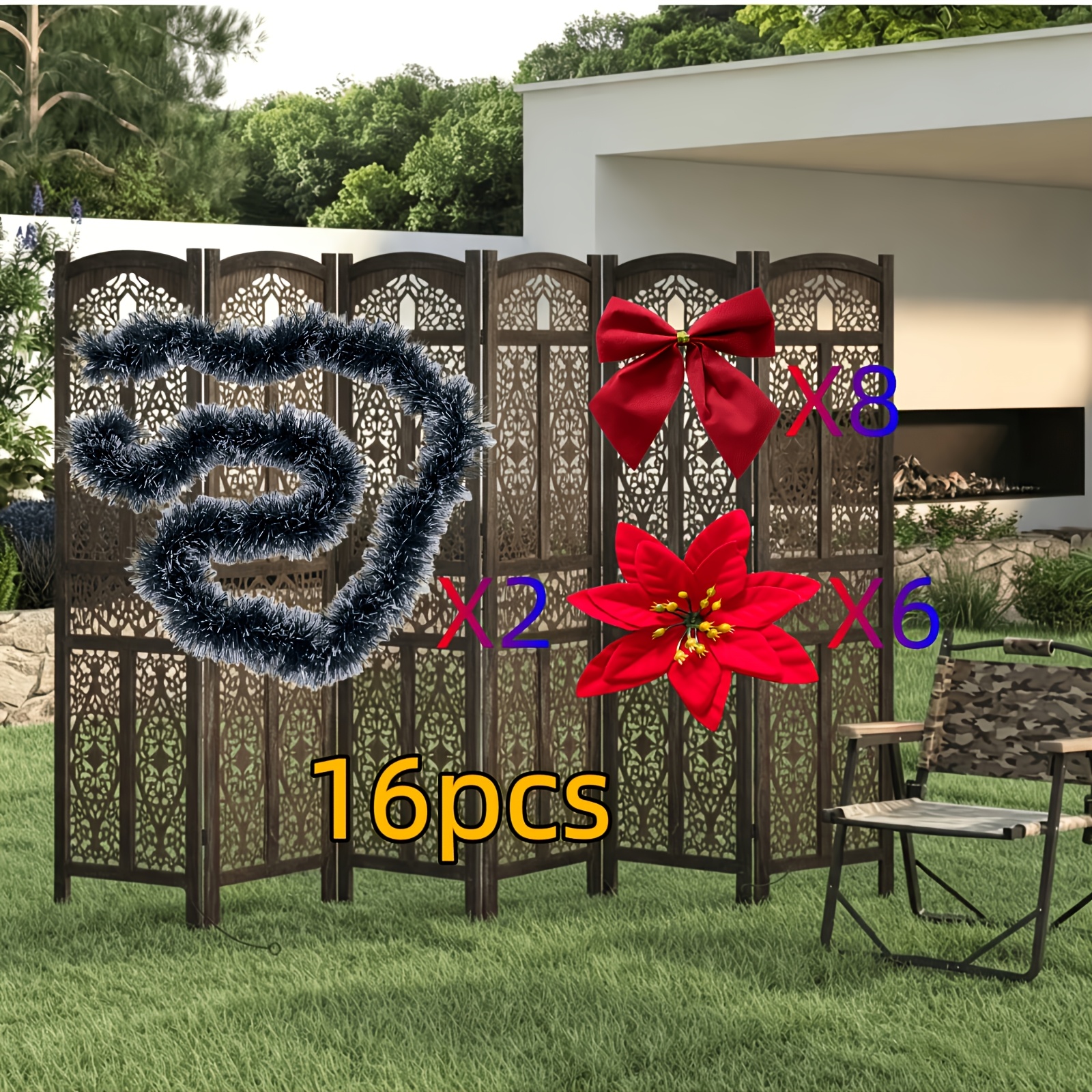 TEMU 16pcs Extra-long Artificial Poinsettia With Bow Christmas Vine, Featuring Dense And Realistic Foliage. Suitable For Stair Railings, Entryway