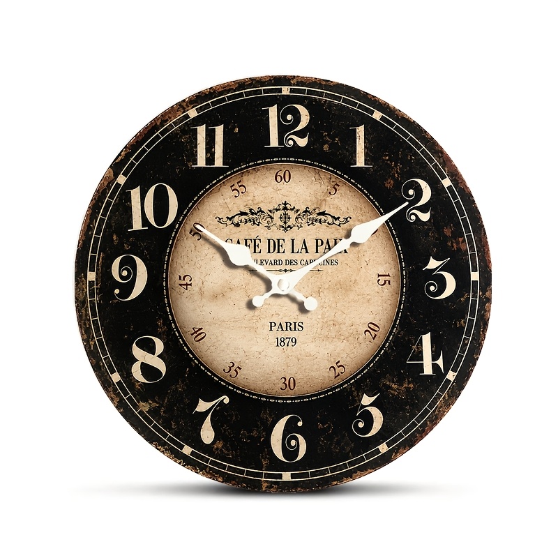 TEMU 1pc Round Wall Clock, Vintage Parisian Cafe , Back To 1879, Silent Non-ticking Wooden Clock, Suitable For Bedroom Living Room Office Kitchen