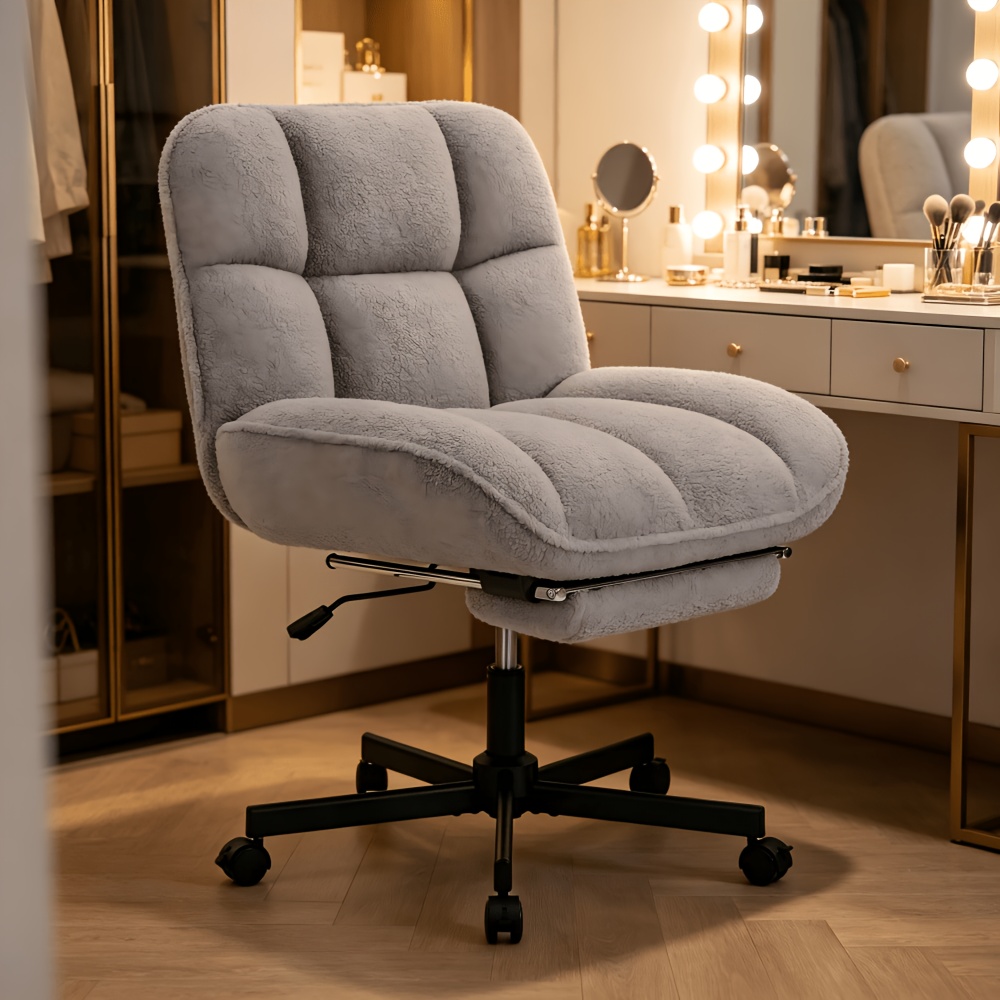 Vanity Chair with Footrest, Teddy Fleece Vanity Chair, Height Adjustable Swivel Desk Chair, 90°-120° Recline, with Wheels, for Bedroom, Home Office, Makeup