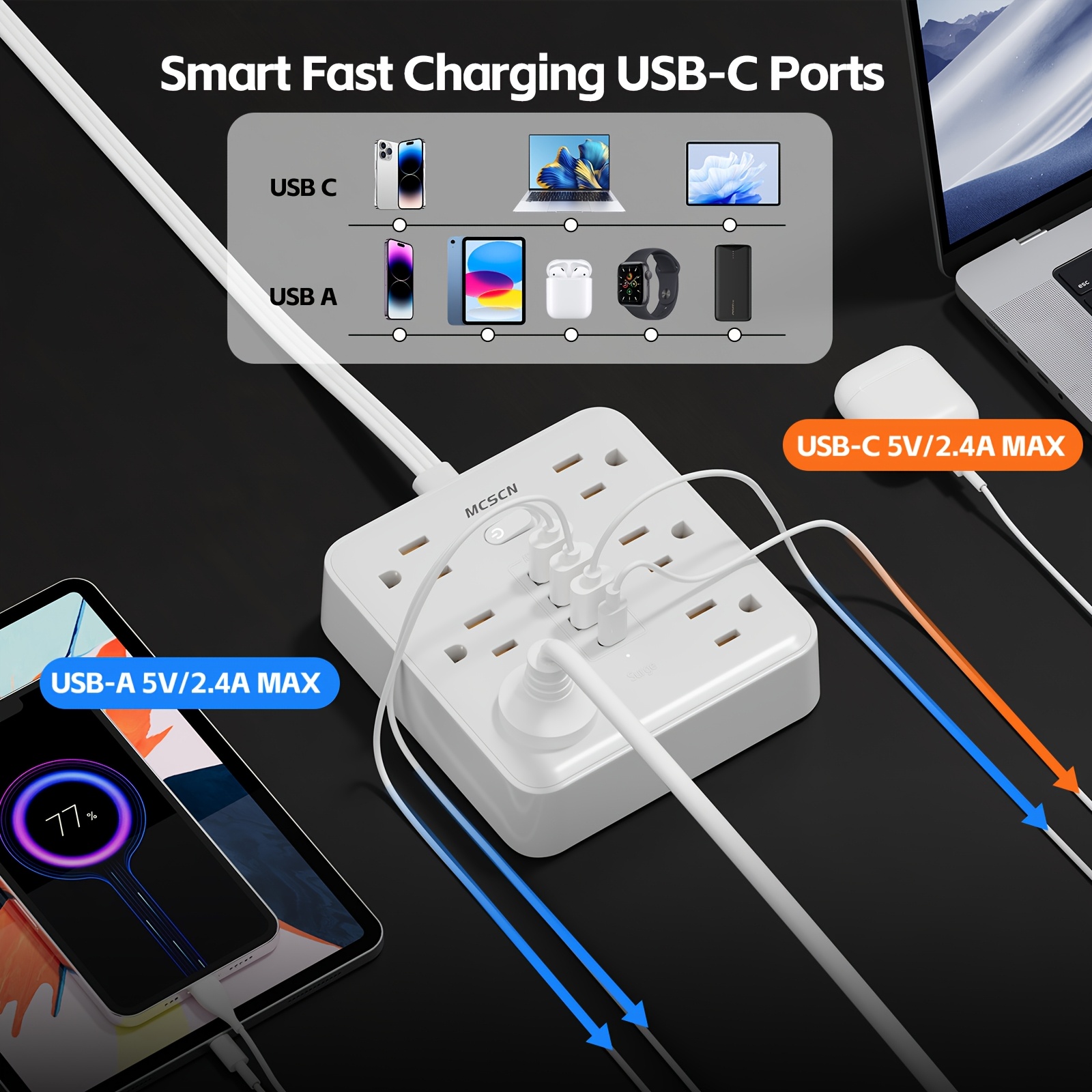TEMU [10-in-1 Upgraded] Ultra- Protector Power Strip With 6 Ac Outlets & 4 Usb Ports (1 Usb-c) | Multi-charging Station For Home Office, Dorm, Travel