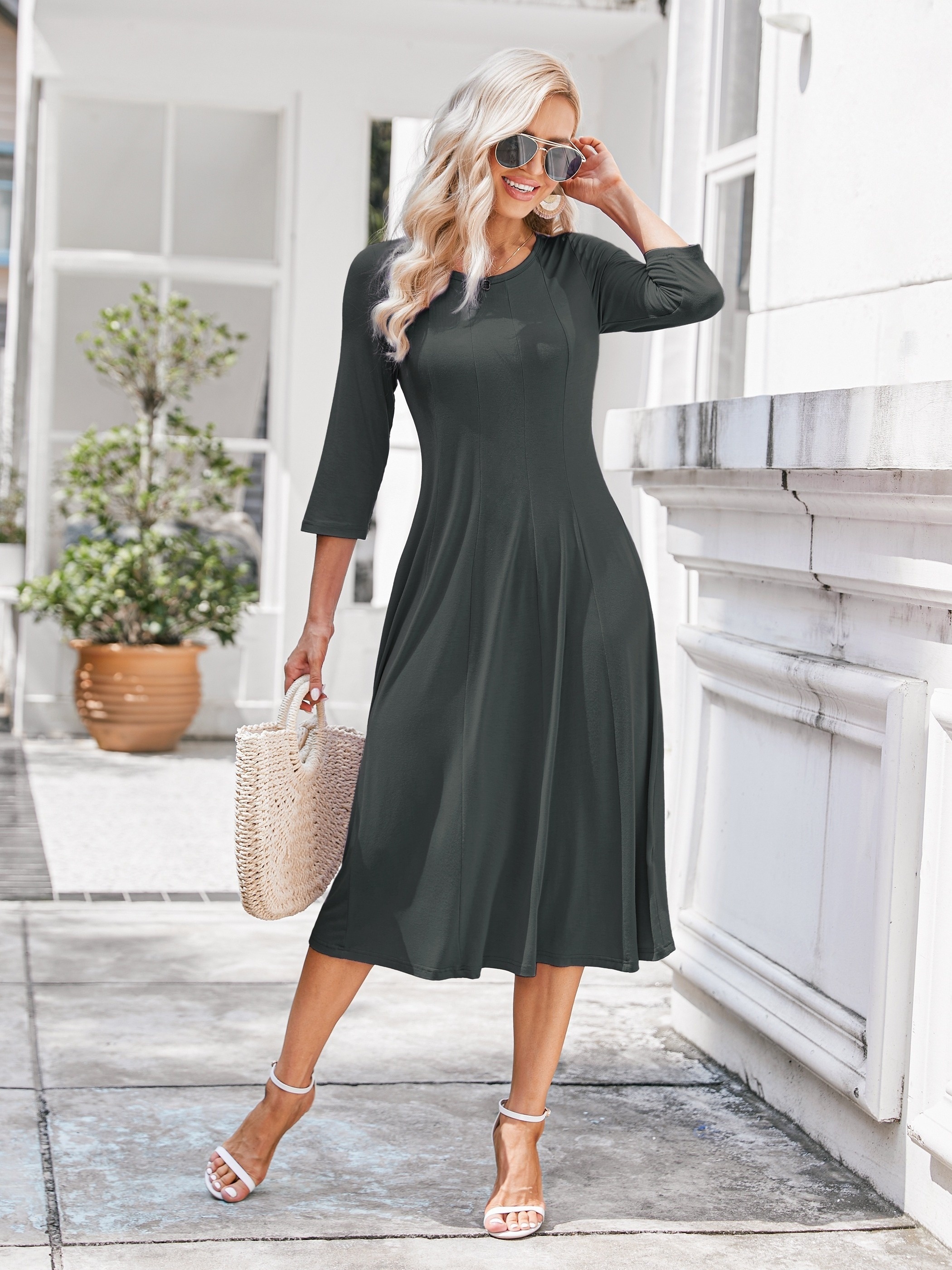 sachin and babi light blue dress Popular Hot Casual Dresses for Women Semi Formal Fit and Flare Dresses 3/4 Sleeve A-Line Church Work Dresses with Pockets main image 0