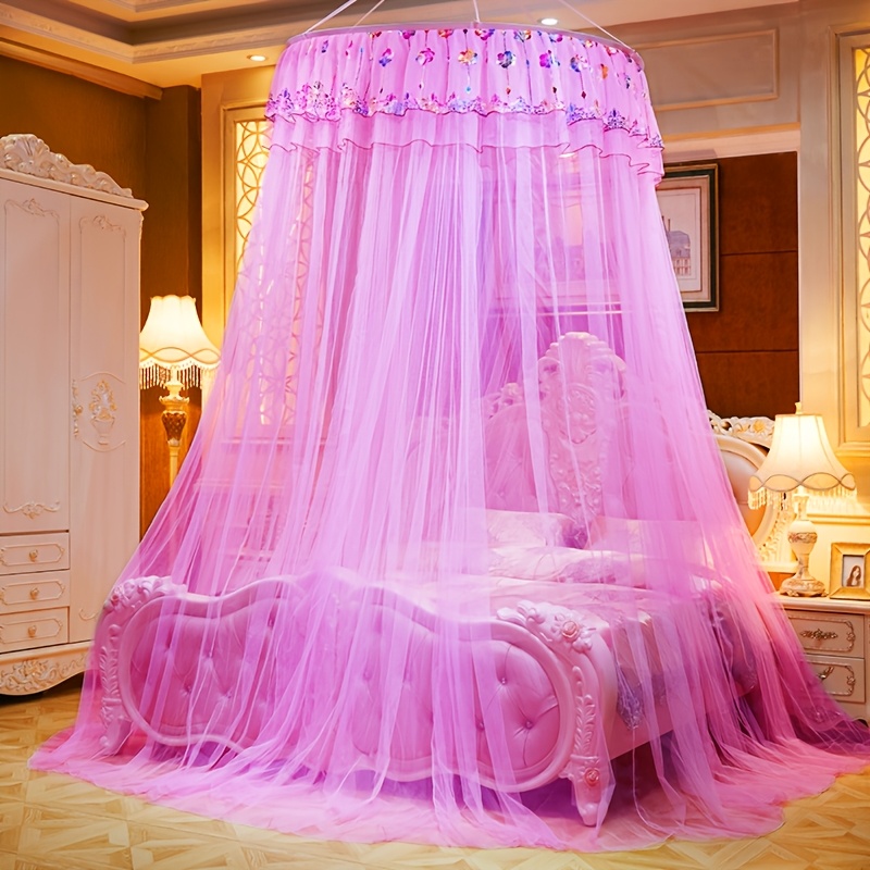 1pc elegant solid color dome hammock style mosquito net with sequins and floral lace trim machine washable fits 1 1 8m beds romantic bedroom decor and festive gift idea bed canopy decorative bedding sheer lace detail details 1