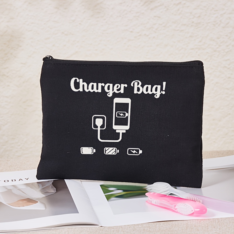 

Elegant Black Charger Bag - Canvas Electronic Organizer Case, Non, Unlined, Precision Printed - Ideal For Cable & Accessory Storage, Hand-wash Friendly For Travel & Daily Use