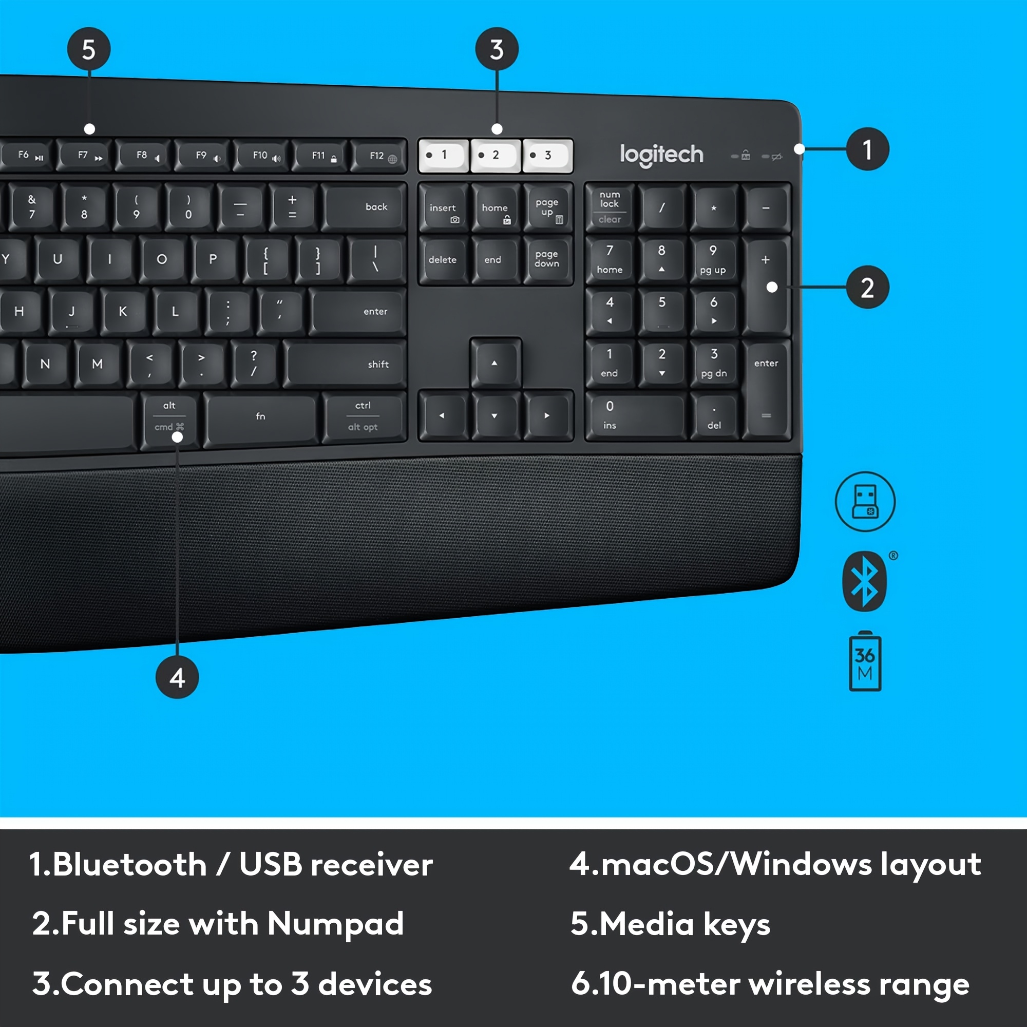 Logitech MK850 Performance Wireless Keyboard and Mouse Combo for Windows, MacOS & ChromeOS, Bluetooth & 2.4 GHz USB Receiver, Full-Size Ergonomic Keyboard, Multi-Device, Cushioned Palm Rest – Graphite