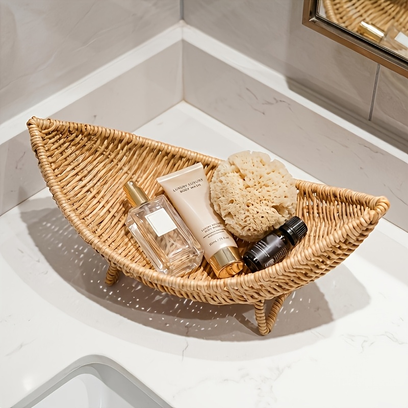 Nordic Style Crescent Shaped Woven Storage Basket, Basket with Feet, Bathroom Sink Storage, Bedroom Living Room Desktop Clutter Sorting, Natural Retro Home Decoration Storage Basket, Shelf Baskets