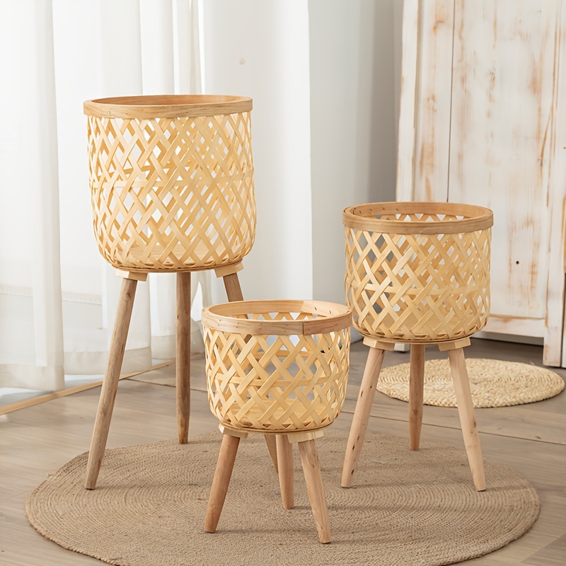 Image of 3pcs Set L+m+s Nordic Style Indoor Bamboo Wooden Plant Stand, Floor-standing Living Room Greenery Rack, Balcony Tall Pot Holder