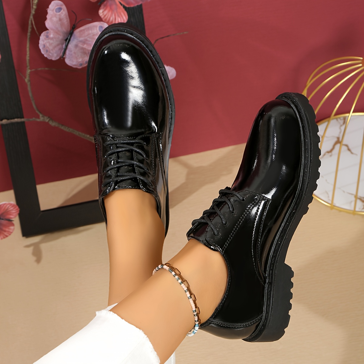 Women's Black Cover Loafers Stylish Lace-Up Dress Shoes with Round Toe  and TPR Sole for