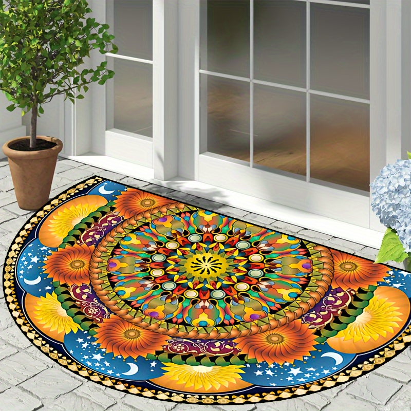 

1pc Non-slip Washable Polyester Half Round Doormat For Indoor/outdoor, Bedroom, Hallway, Patio - Machine Washable, Semicircular, Mandala-inspired Design In Vivid Colors