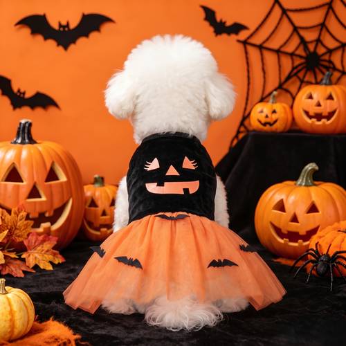 pet dog dress black top with pumpkin face print tulle skirt hem soft and breathable fabric suitable for small medium dog puppy clothes cat clothes for halloween parties halloween costumes halloween gifts