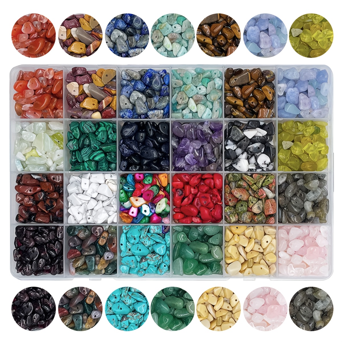 

Un kit de fabrication de bijoux DIY avec 24 perles de pierre irrégulières assorties, idéal pour des bagues, des bracelets, des et des boucles d'oreilles.