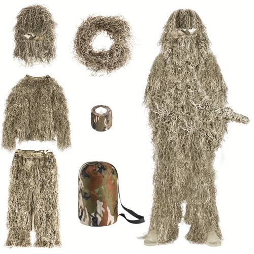 6 in 1 ghillie suit 3d camouflage hunting apparel including jacket pants hood carry bag and camo tapes set desert yellow set