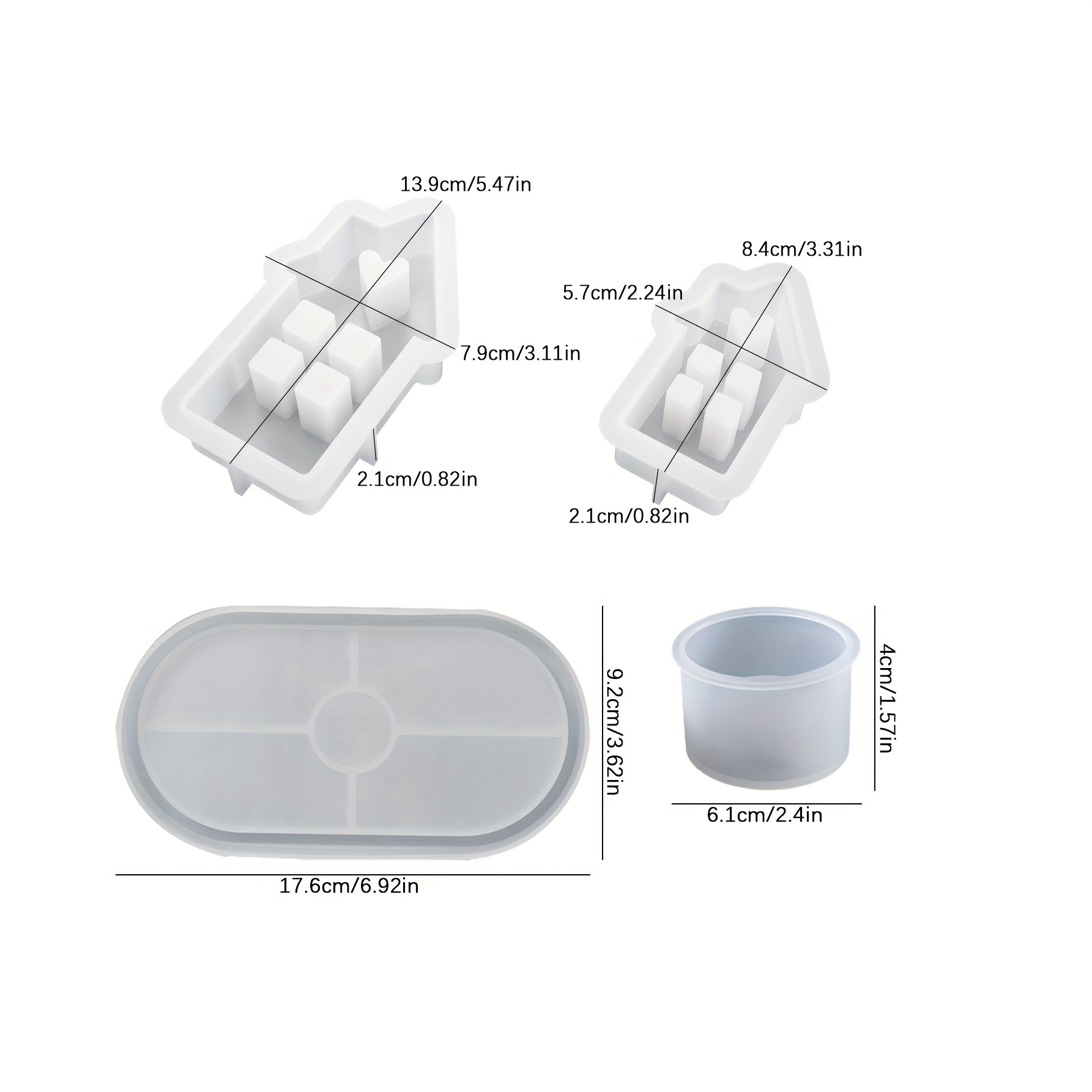 E-shop Harz-Silikon-Schmuckformen, 4er-Set – Ovales Tablettform + -Herz-Hausform (Groß & ) + Kleine Zylinder-Kerzenständerform, DIY Kreative