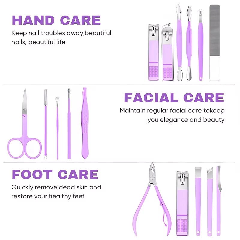 12 16pcs professional nail care kit with stainless steel tools nail clipper care tool purple travel case complete manicure and pedicure set portable durable nail tech supplies portable nail clippers cutter kit Product details 1