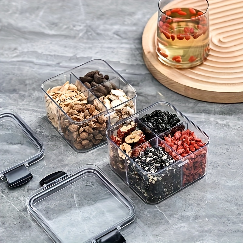   2 pack plastic square food storage containers with lids 4 compartment sealed jars for tea   and snacks freestanding flower tea organizer with good seal Product details 1