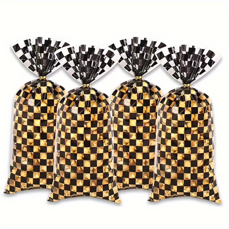 

50-pack Racing Checkerboard Printed Plastic Food Storage Bags - Disposable Cookie, Bread, Toast Pouches For Baking Snacks, Race Car Themed Party Favors With Closure