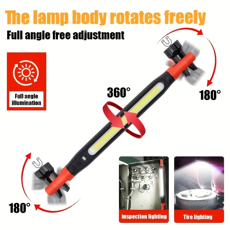 TEMU Rechargeble Led Work Light , With Magnetic Hook For Dual Fixation, 4 Lighting , Long With Digital Display Of Battery Level, Suitable For
