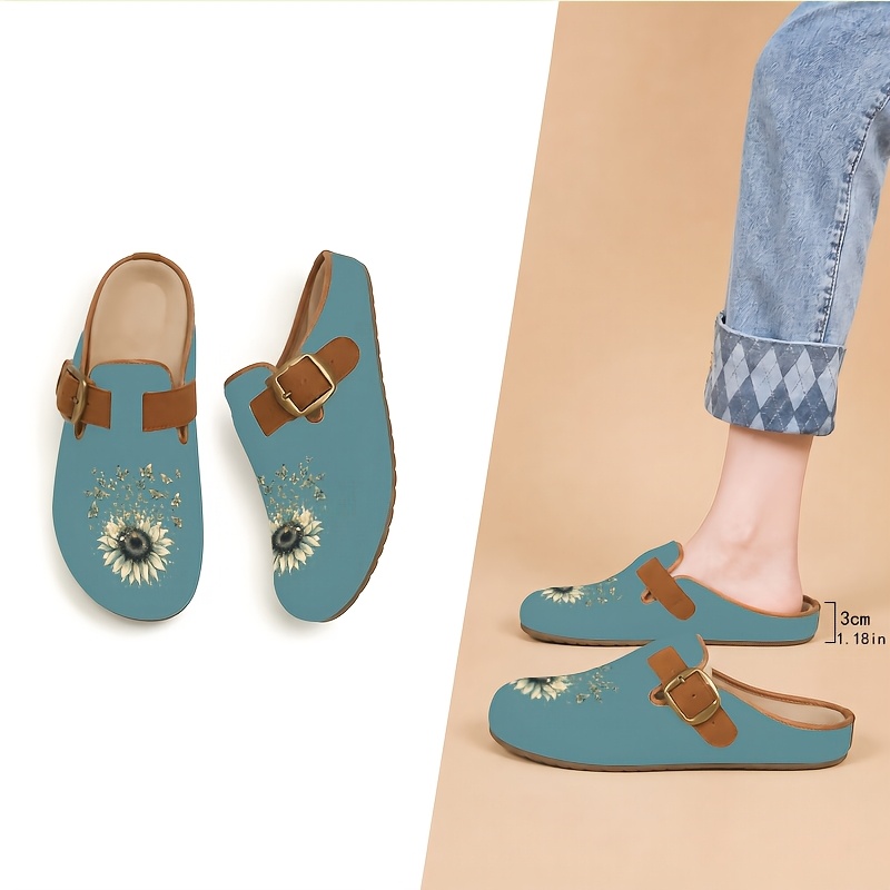 for daily casual balcony outdoor travel universal vintage style mules wide   green   sunflower wear resistant high quality sole with adjustable metal   strap women shoes