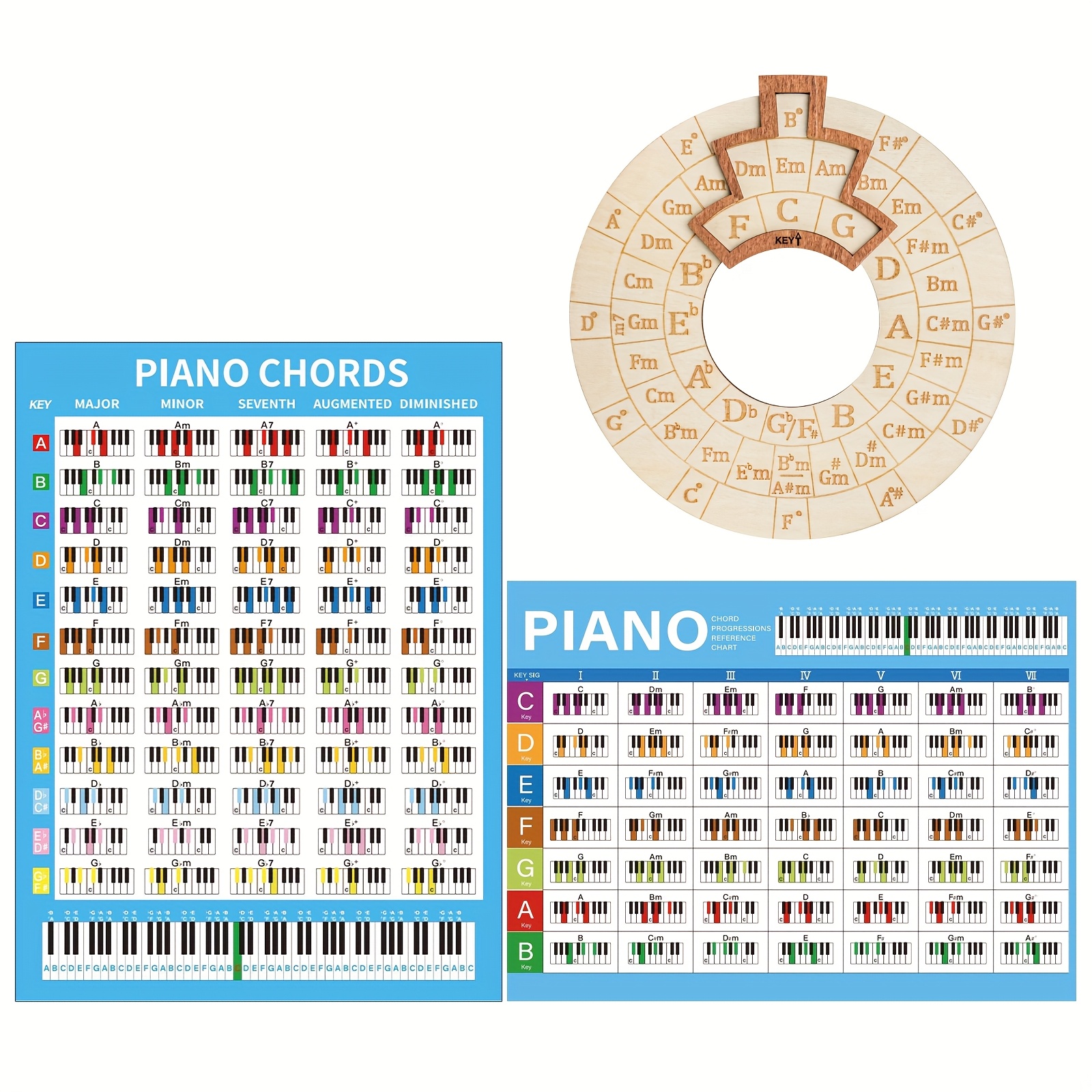Image of Piano Chord Chart, Piano Keyboard Note Chart + Large 16cm Diameter Chord Circle Of Fifths Set, An Essential Chord Learning Tool For Piano Beginners And Teachers