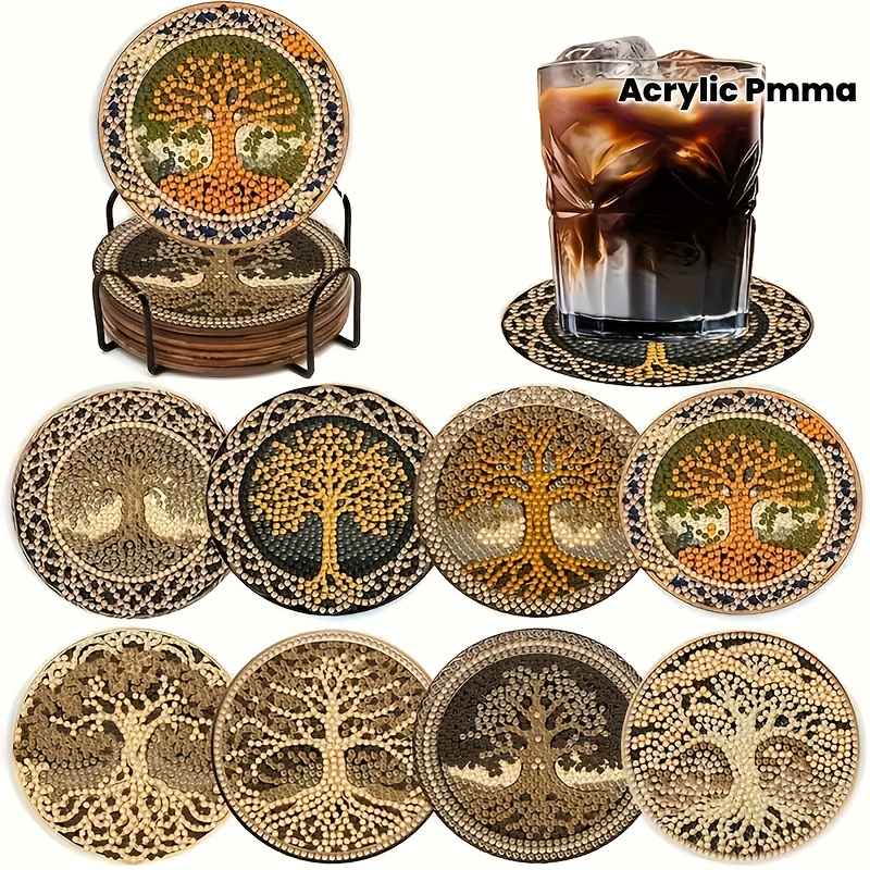 Tree Of Life Diamond Painting Coaster Set With Stand - 8pcs Adult Craft Kit, Featuring Round Acrylic Gems, Perfect For Gifts And Home Decor