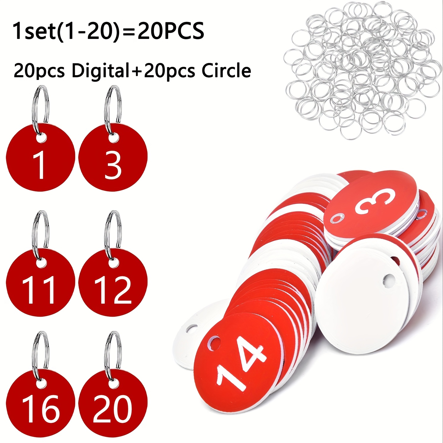 TEMU 10//50 etiquetas numéricas, (1-50), etiquetas numeradas de plástico con anillos metálicos circulares, etiquetas redondas grabadas, etiquetas de