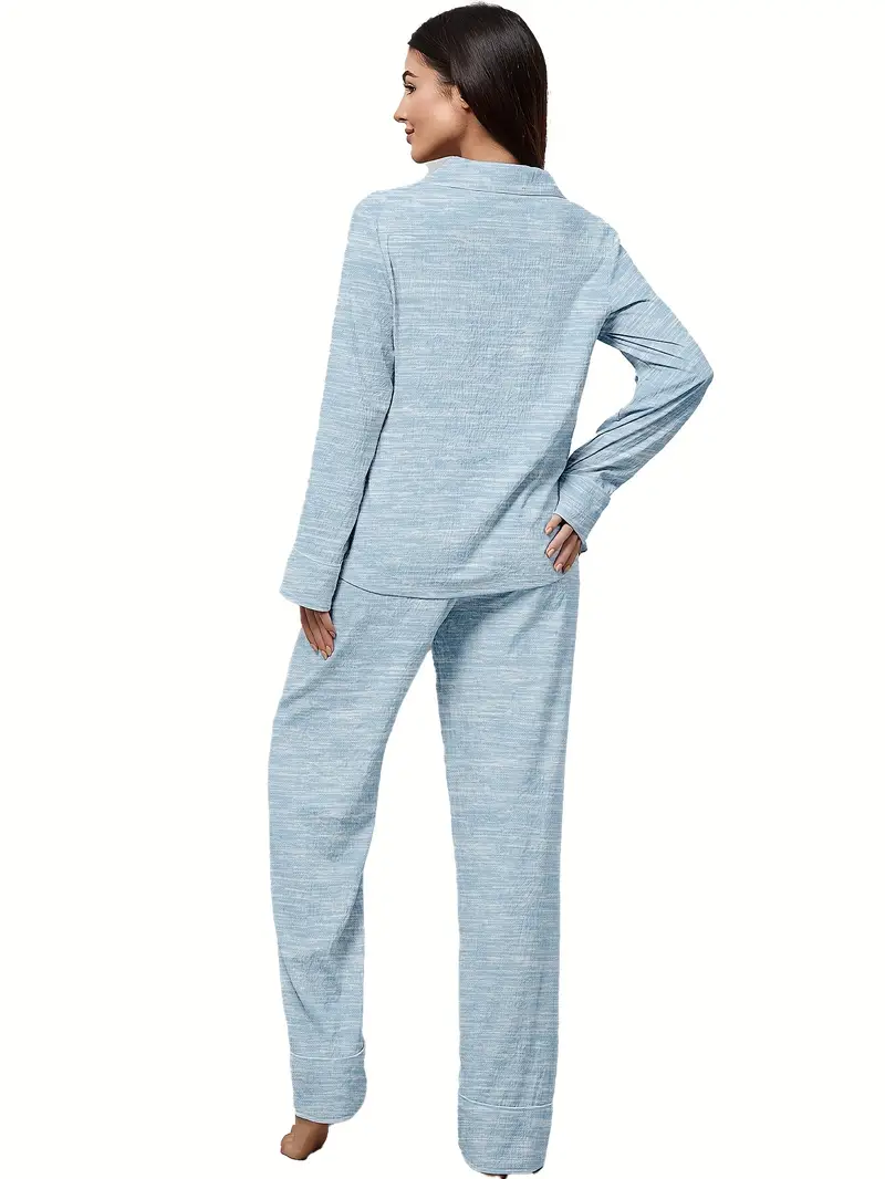 3 sets of 6pcs womens casual polyester solid color long sleeved top long pants sleepwear set fabric long sleeved lapel top with loose pants wear outside Product details 5
