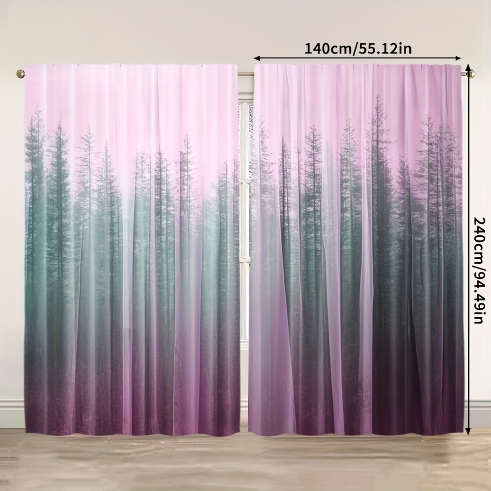 TEMU 2pcs Thermal Insulating Blackout Curtains - Purple Pink Gradient Misty Forest Window Drapes, Light Blocking & Energy Efficient Window Treatments