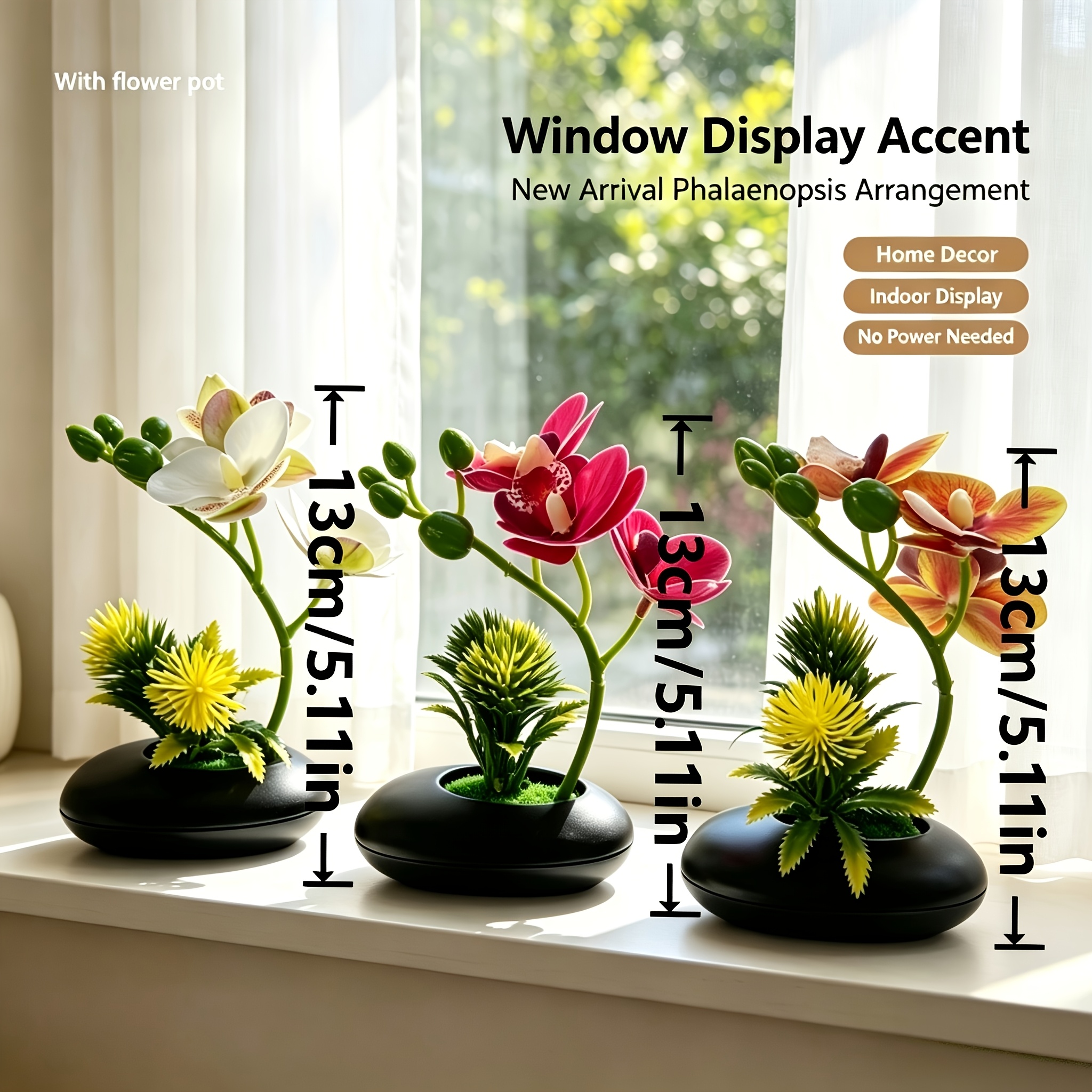 TEMU 3pcs Faux Phalaenopsis Orchid Potted Plants, Artificial Orchid Desktop Floral Arrangement, Fresh Decor, Suitable For Living Room, Bedroom,