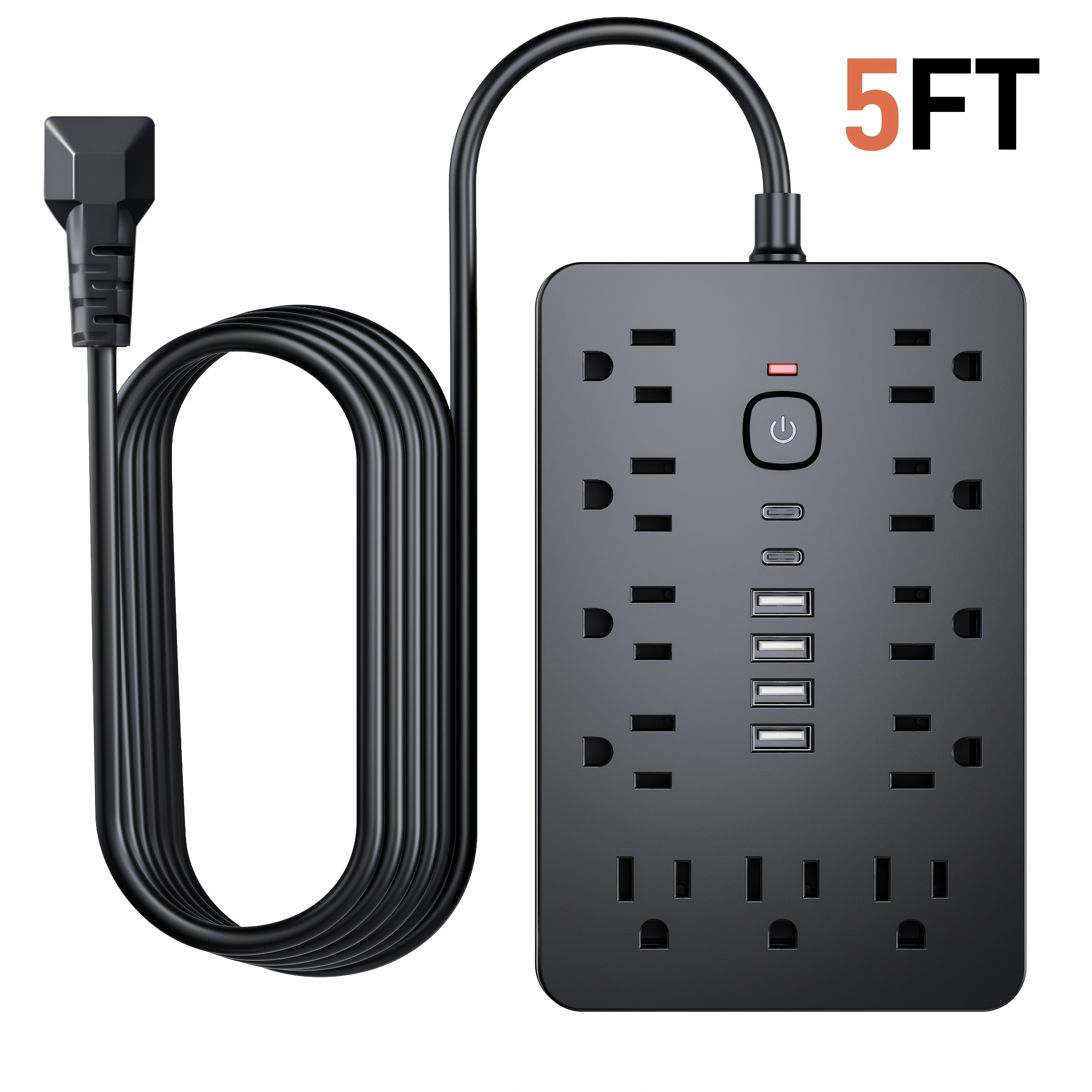 TEMU 1pc 5 Ft/10 Ft Extension Cord Power Strip With Switch And Protection. Features 11 Ac Outlets, 4 Usb- Usb-c Ports. 17-in-1 Power Outlet For