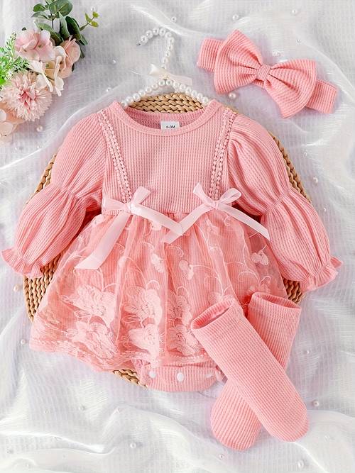 autumn and winter baby waffle lantern sleeve mesh romper socks headdress for outdoor