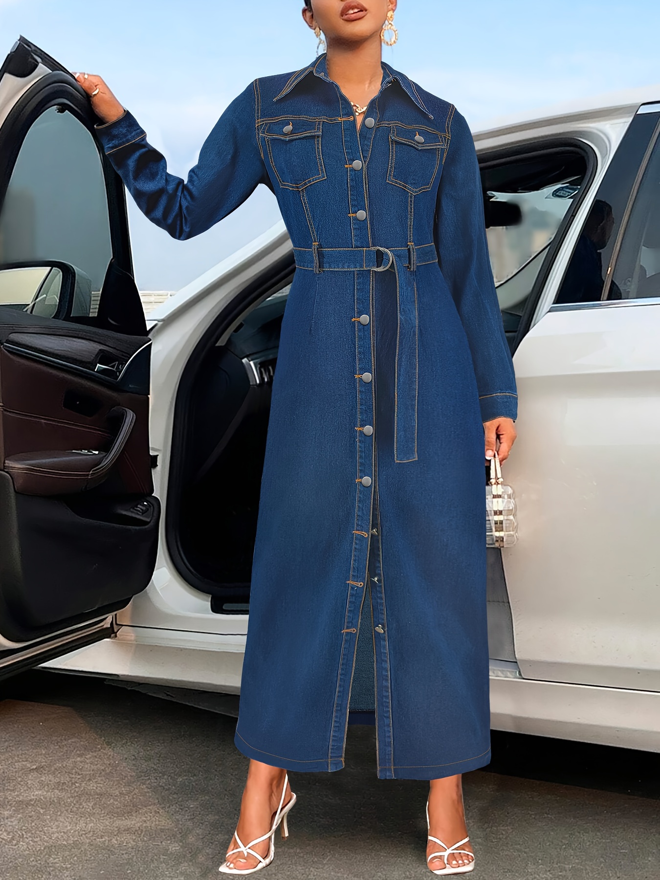 womens stretchy jeans like dress elegant long sleeve non see - Temu Poland