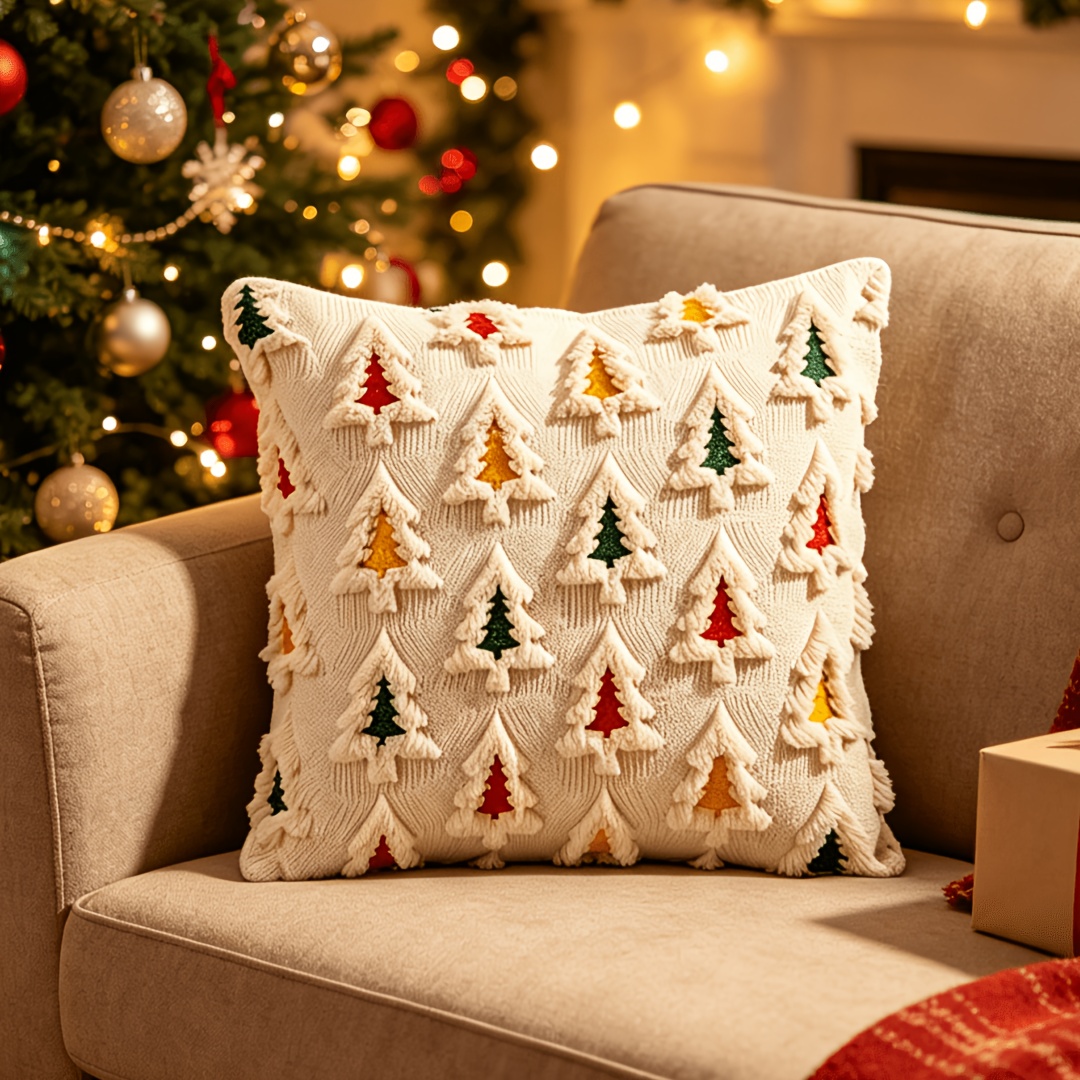 TEMU Housse de coussin décorative 1 pièce en peluche courte à motif de sapin de Noël multicolore, 18x18 pouces, et confortable, convient pour la