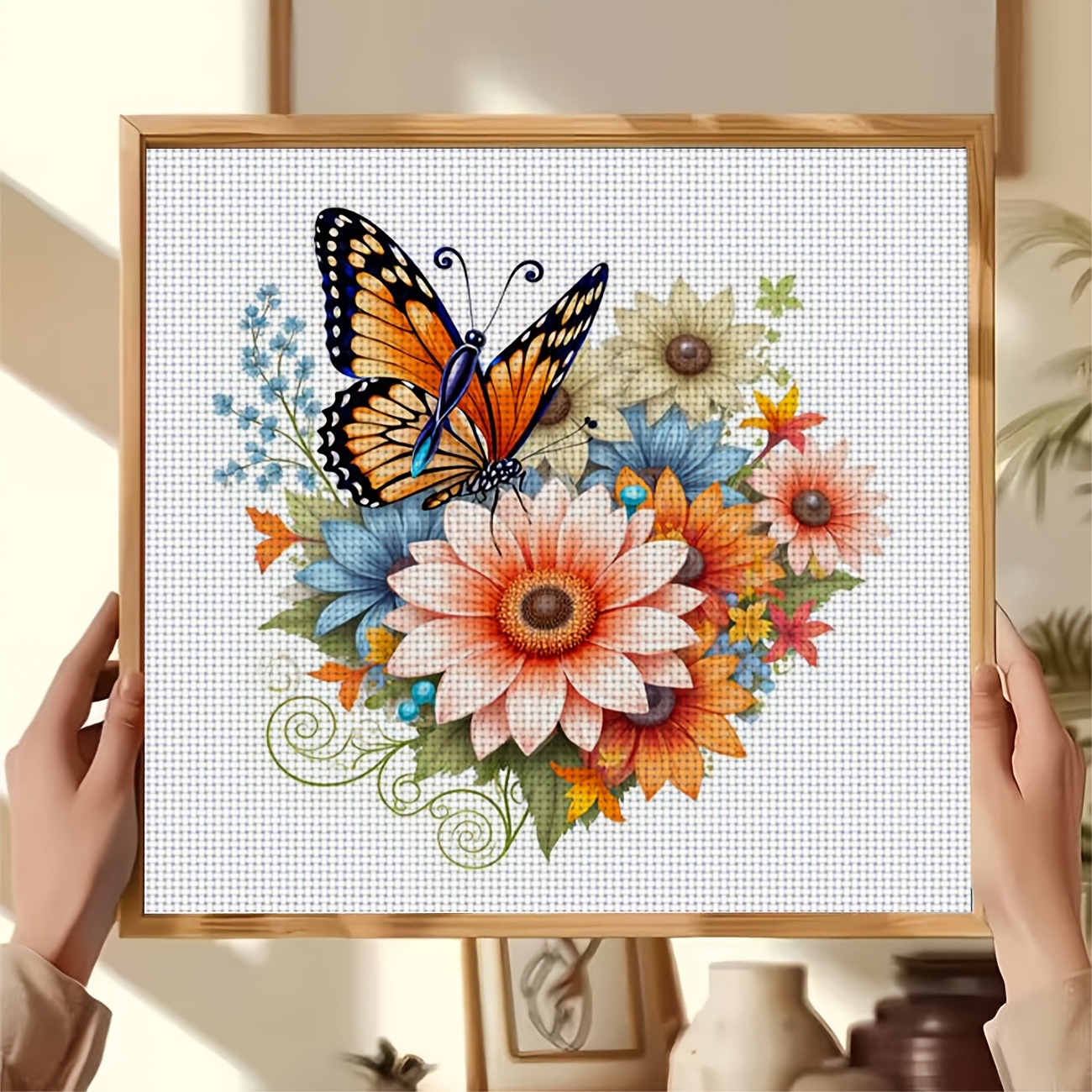 Cross Stitch Kit, Butterfly on Flowers Pattern