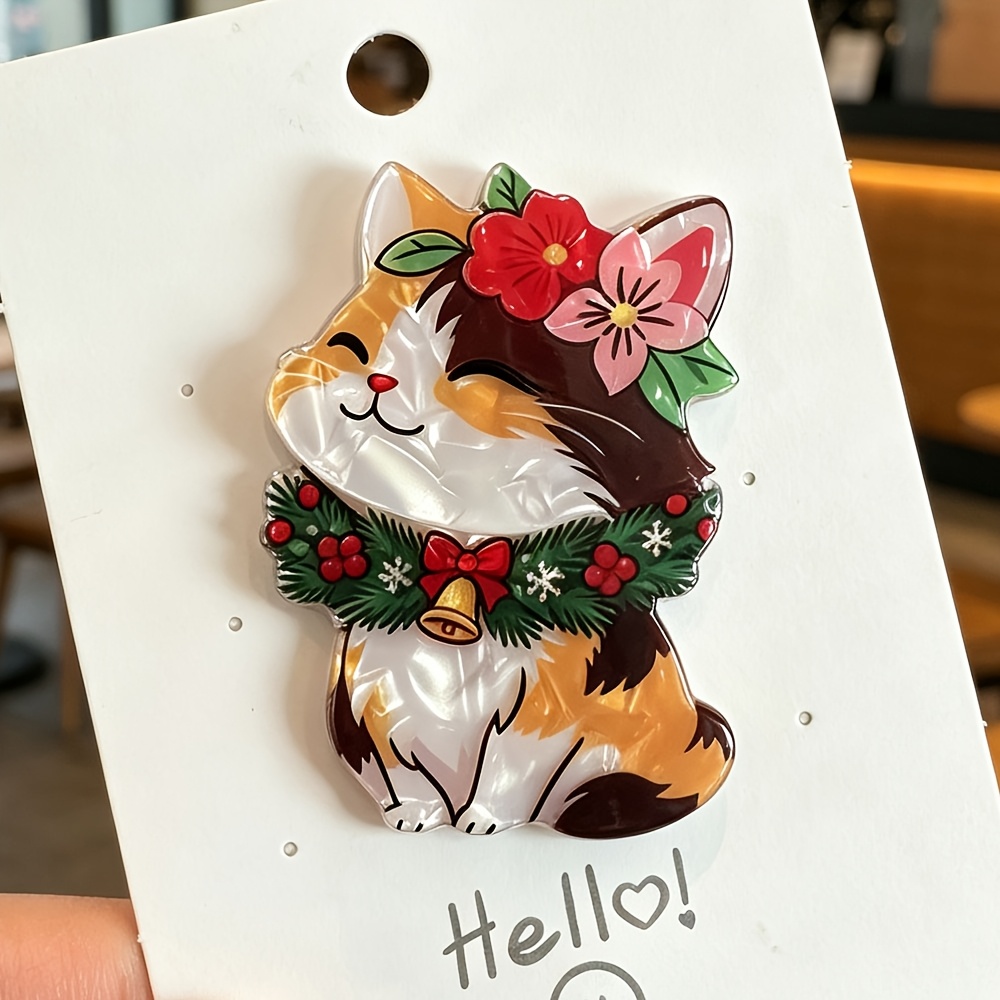 TEMU 1pc Cute Christmas Calico Cat Acrylic Brooch, Cartoon Christmas Tree And Little Fish Pin,christmas Gift